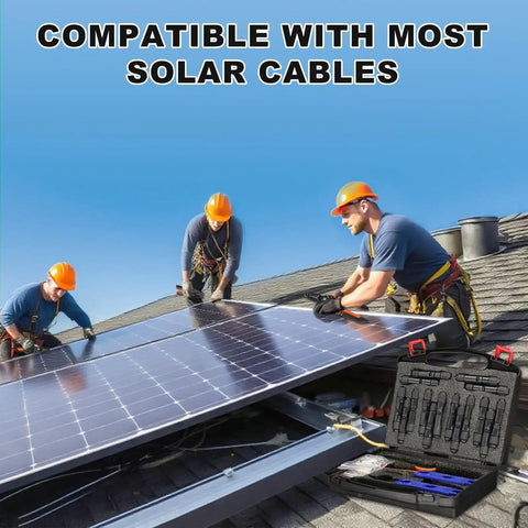 Workers using Must Have All In One Solar Crimping Kit With 30 Pairs MC4 Connectors for solar panel installation on roof.
