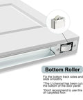Ready To Paint White Primer Raised Two Panel Sliding Barn Door With Hella Smooth Soft Close Hardware close-up of bottom roller mechanism.