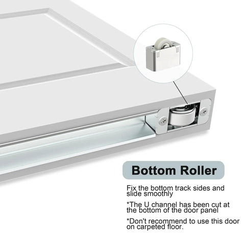 Ready To Paint White Primer Raised Two Panel Sliding Barn Door With Hella Smooth Soft Close Hardware close-up of bottom roller mechanism.
