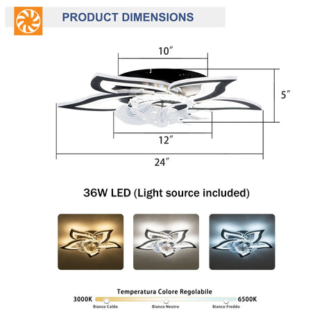 5 Pc Ceiling Fan with Lights Remote Control 24 inch Black 6 Speeds 3 Light dimensions diagram with LED options and measurements.