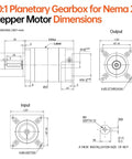 Technical drawing of Beefy 50 To 1 Planetary Gearbox For Nema 23 Stepper, showing dimensions for input and output shafts.