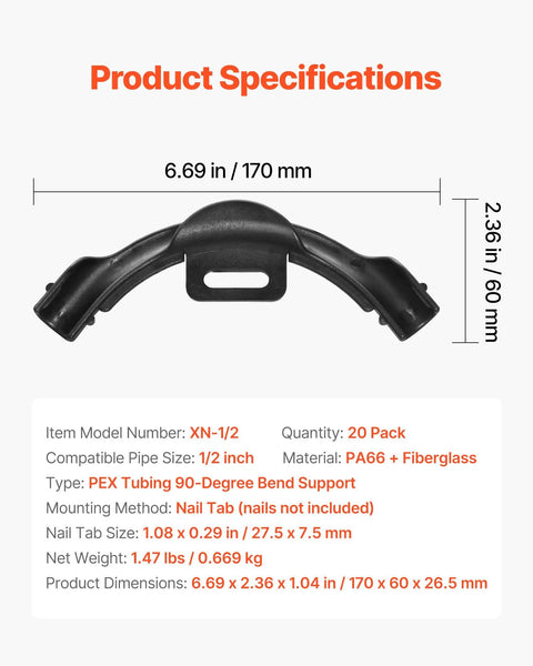 20 Pack One Half Inch PEX Tubing Bend Support 90 Degree Elbow Clamp With Nail Tab highlighting dimensions and specifications
