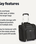 Amazon Basics underseat carry-on luggage, black 14-inch rolling bag with wheels and retractable handle.