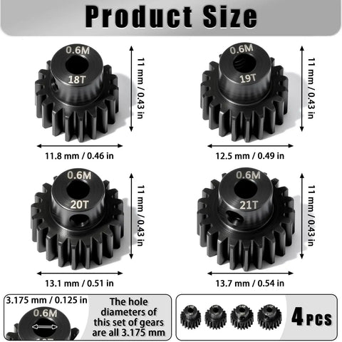 Beefed-Up Hardened Steel Pinion Gear Set For One-Tenth Scale RC Cars, 3.175mm Shaft, 18T 19T 20T 21T Teeth with dimensions