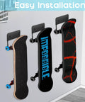 Heavy Duty Skateboard Wall Mount Hook Rack for Easy Vertical Storage, three skateboards on sturdy metal hangers in room corner