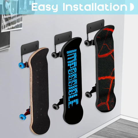 Heavy Duty Skateboard Wall Mount Hook Rack for Easy Vertical Storage, three skateboards on sturdy metal hangers in room corner