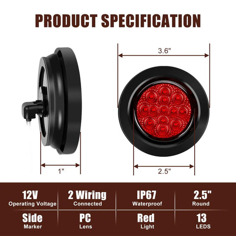 Side and front view of 10 Pack 2.5 Inch Round Trailer Marker Lights Kit With 13 LED Per Light, Ultra Bright Red LED, waterproof housing