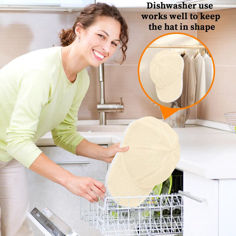 Woman placing baseball cap in dishwasher using Hat Washer Cage For Washing Machine And Dishwasher Keeps Baseball Caps Shape No Fuss Clean Cap Washer Space Saving Fits Adult And Kid Hats 2 Pack Black