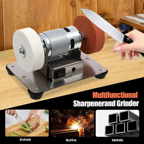 Slick Little Mini Belt Sander And Bench Grinder With 96 Watt Copper Motor For Smooth Knife And Tool Sharpening Adjustable Speed Home Wood And Metal Workshop Knockout Gem with a knife and motor.
