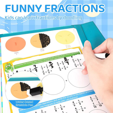Hand using erasable pen on Magnetic Fraction Demonstration Kit For Kids, 51-Piece Set with fraction writing sheets, STEM math toy.