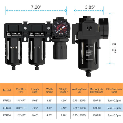 3/8 NPT Air Drying System With Dual Regulator And Metal Bracket Air Pressure Regulator Combo Featuring 5 Micron Filter Cartridges