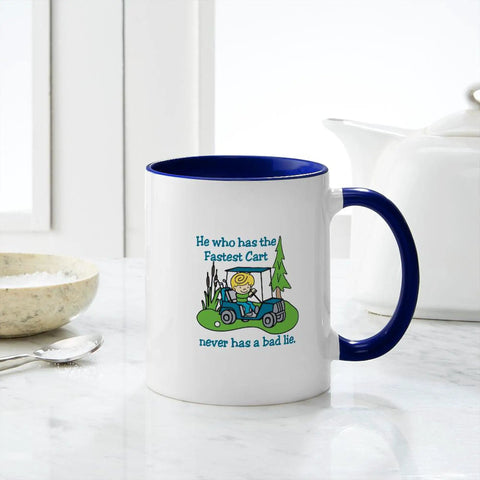 Premium Ceramic Coffee Mug 11 Oz Featuring Fastest Cart Graphic Art, white with blue handle, perfect for home or office use.
