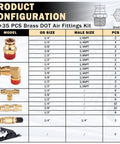 Diagram of 78 Piece Brass DOT Air Line Fittings Kit with sizes and configurations for garage and auto shop use