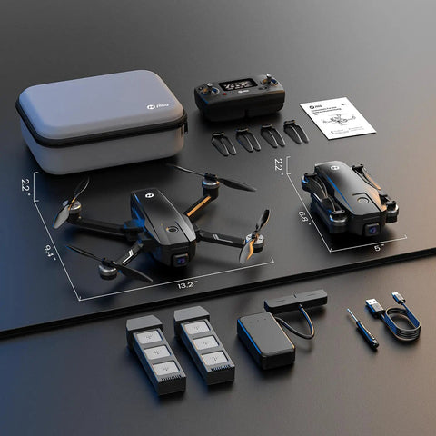 Dope 4K Camera Drone For Adults With FAA Compliant Remote ID Module shown with controls, batteries, and accessories.