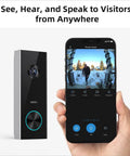 Wireless Doorbell Camera With 2K Video Battery Powered showing mobile app interface and live view from front door camera