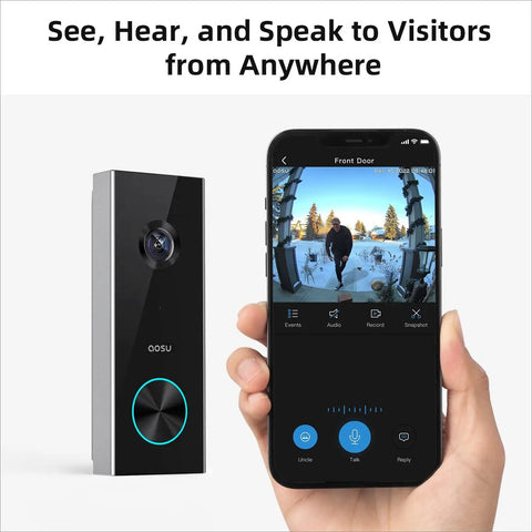 Wireless Doorbell Camera With 2K Video Battery Powered showing mobile app interface and live view from front door camera