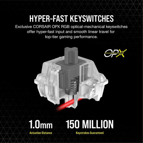 Ultimate Optical Mechanical Gaming Keyboard Blazing Fast OPX Switches close-up of keystroke mechanism, 1.0mm actuation, black color