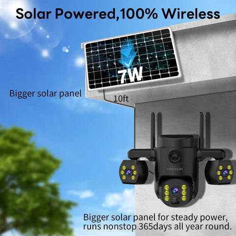 Triple Lens Outdoor Wireless Security Camera Bringing Serious Eyes On Your Property Smooth PTZ Tracking And Bright Color Night Vision Keeping Things Tight Around Your Home Or Farm No Sweat Setup with solar panel.