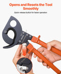 Heavy Duty Ratcheting Cable Cutter Tough As Nails Spring Steel Blades With Killer Grip Handles Quick Release Lever shown pressing button.