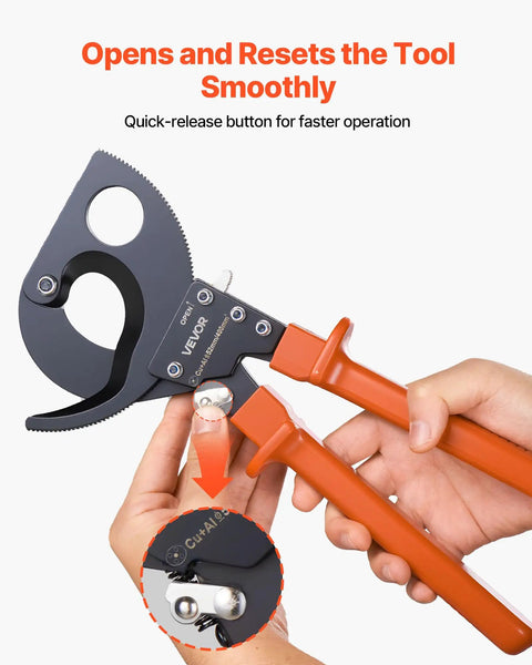 Heavy Duty Ratcheting Cable Cutter Tough As Nails Spring Steel Blades With Killer Grip Handles Quick Release Lever shown pressing button.