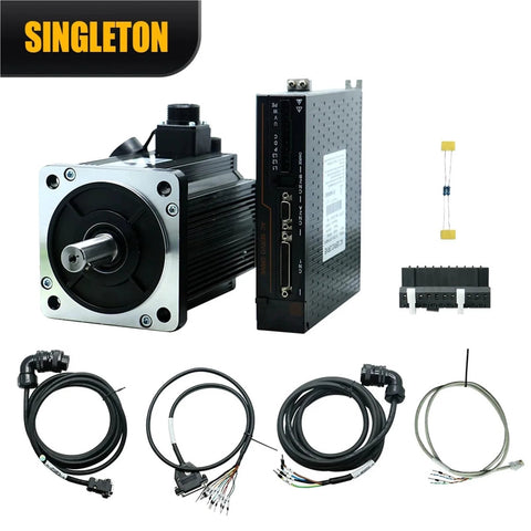 Servo motor with drive module front view; 3.8 kW, RS485 interface, 220V setup with bundled cables kit included.