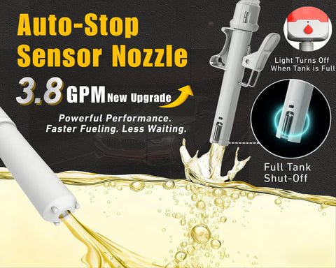 Auto Stop Fuel Transfer Pump With 3.8 GPM Cordless Pump showing auto-stop sensor nozzle and full tank shut-off feature.