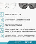 12 Pack Safety Glasses With Anti Fog Coating And Scratch Resistant Polycarbonate Lenses, ANSI Z87.1 Approved, Grey.