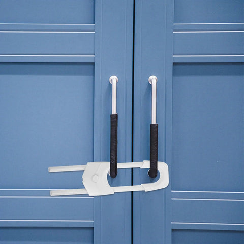 6 Piece White Childproof Cabinet Locks for Babies on blue kitchen cabinet handles