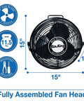 12 Inch Powder Coated Steel Wall Mount Fan Black, 1360 CFM Industrial Cooling Fan with detailed sizing and specification diagram