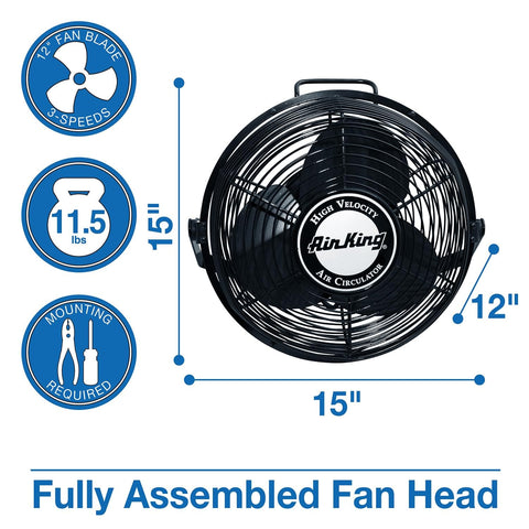 12 Inch Powder Coated Steel Wall Mount Fan Black, 1360 CFM Industrial Cooling Fan with detailed sizing and specification diagram