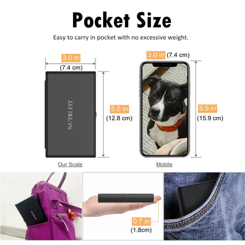 Pocket Grab N Go Precision Scale With 0.01g Accuracy, 500g Capacity, shown next to smartphone and pocket for size comparison.