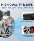 Heavy Duty 2 Horsepower 60 Gallon Air Compressor Electric Motor showing high quality rolled steel shell, tested with CSA Security Certification.