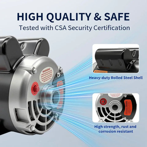 Heavy Duty 2 Horsepower 60 Gallon Air Compressor Electric Motor showing high quality rolled steel shell, tested with CSA Security Certification.