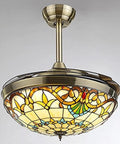 42 Inch Ceiling Fan With Light And Remote Featuring Four Slick Retractable Tiffany Chandelier Blades Smooth Three Speed Settings Whisper Quiet Motor Rock Solid Build For A Laid Back Indoor Upgrade with a brass ceiling mount and decorative glass shade