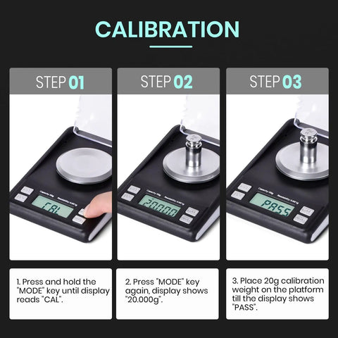 Ultra Precise 0.001 g Digital Scale With 50 g Capacity And LCD Display, calibration steps with 20 g weight and readings