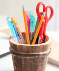 Wooden holder with pencils, pens, and red scissors, featuring 10 Pack HB Carpenter Marking Pencils With White Eraser Tip for Woodworking