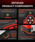 Detailed view of Handheld Tile Vibration Tool With 220mm Leveling Head featuring components like vibration control button and rubber grip.