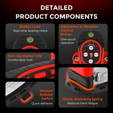 Detailed view of Handheld Tile Vibration Tool With 220mm Leveling Head featuring components like vibration control button and rubber grip.