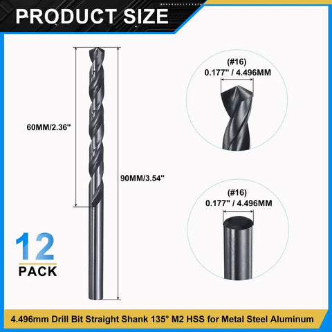 Beast Mode No 16 Drill Bits M2 High Speed Steel With Straight Shank, 135 Degree Split Point, Nitrided Black Finish, 12 Pack