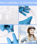 4 Pack Anti Fog Full Face Shield With Glasses Set being assembled with gloves, showcasing clear plastic material and usability.