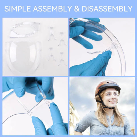 4 Pack Anti Fog Full Face Shield With Glasses Set being assembled with gloves, showcasing clear plastic material and usability.