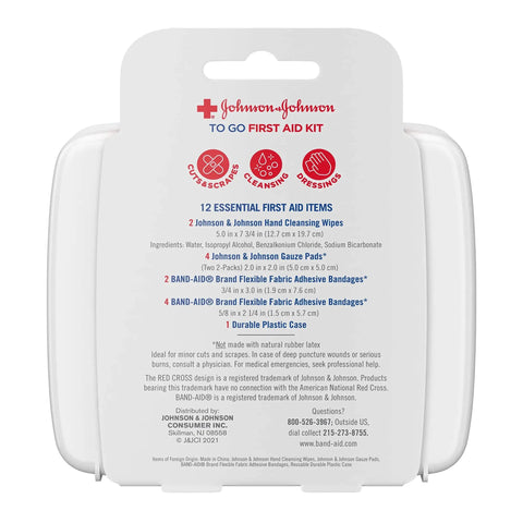 Back view of Grab And Go Mini First Aid Kit For Travel Emergency Wound Care With Adhesive Bandages Gauze Pads And Wipes For Purse Backpack Gym Bag Car Or Luggage 12 Count showing contents and instructions.