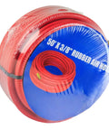 Heavy Duty 50 Foot Rubber Air Hose Packed With 3 8 Inch Bore And Machined Brass One Quarter Male Npt Couplings Garage Graded Pneumatic Line Blasting Kink Free Genuinely Rock Solid Rating 250 Psi tightly coiled in packaging.