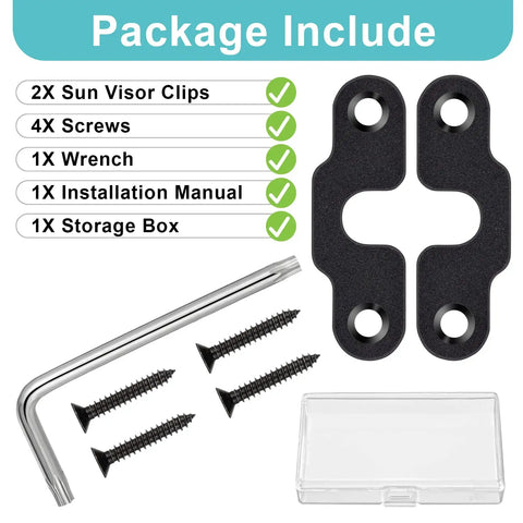 Heavy Duty Sun Visor Repair Kit With Stainless Steel Clips For Jeep Wrangler JK JL 2018 2019 2020 2021 2022 2023 2024 And Gladiator JT 2020 2021 2022 2023 2024 No More Visor Dropping While You Roll package contents including clips, screws, wrench, manual, and box