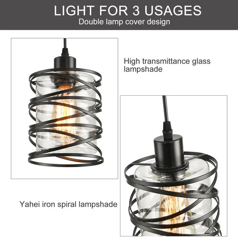 Killer Three Pack Pendant Lights For Kitchen Island And Dining Table Matte Black Spiral Cage With Clear Glass Shades - Close-up of design