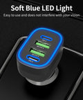90W Four Port USB C Super Fast Car Charger With Dual PD Ports For iPhone And Android Phones, features soft blue LED light.