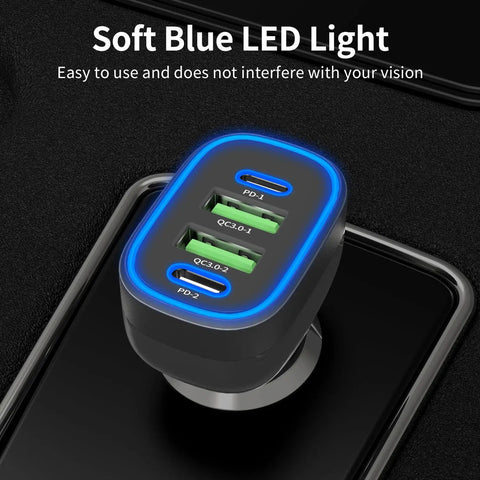 90W Four Port USB C Super Fast Car Charger With Dual PD Ports For iPhone And Android Phones, features soft blue LED light.