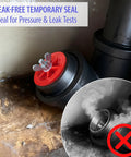 1-1/2 in mechanical end-of-pipe gripper plug, red plastic head with metal wing nut; 3-piece set for pressure testing.