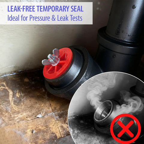 1-1/2 in mechanical end-of-pipe gripper plug, red plastic head with metal wing nut; 3-piece set for pressure testing.