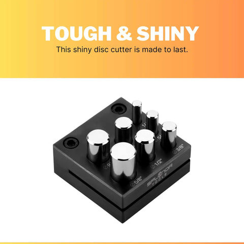 Pro Grade 7 Round Punch Disc Cutter for Jewelry Making and Metalworking Set with Seven Die Sizes displayed on a black block